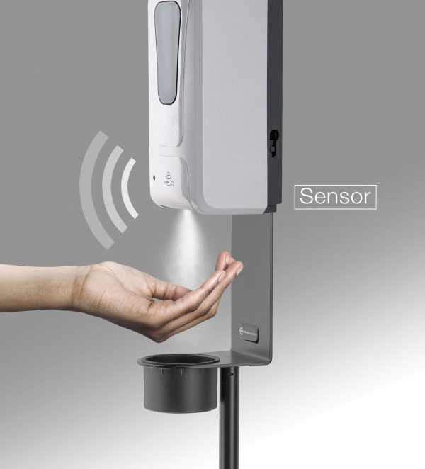 Disinfectant stand including sensor dispenser